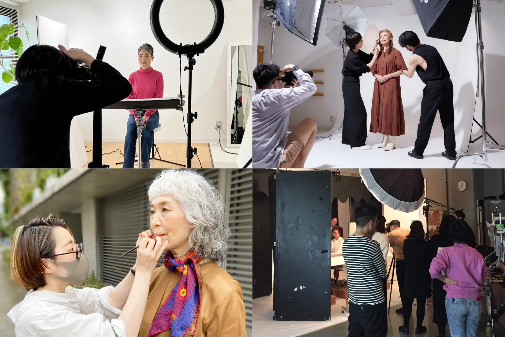 シニア女性の撮影と制作を進めるクリエイティブチーム